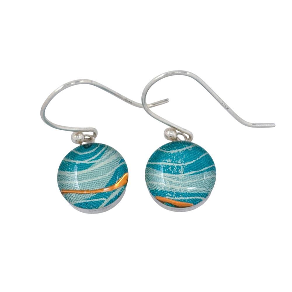 Vintage Sterling Silver 925 Blue Gold Swirl Glass Drop Earrings